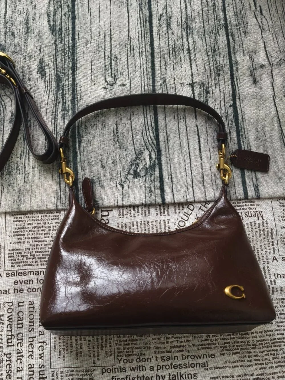 Coach chocolate brown wax leather hobo armpit bag